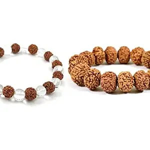 NAISHA Rudraksha & Crystal Sphatik Bracelet, & Rudraksha Bracelet Natural 5 face Panch Mukhi Himalaya Rudraksh, Rosary Crystal, Wrist Wrap, Bracelet Bead Size 8 mm (Pack of 2)