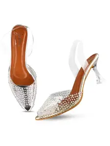 JM LOOKS Stylish Transparent Kitten Heel Sandal with Pearl Design for Women & Girls
