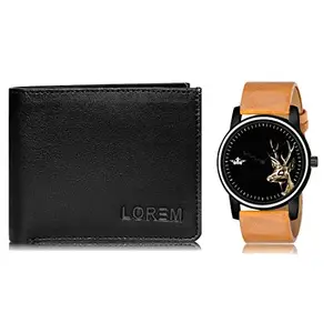 LOREM Combo of Beige Wrist Watch & Black Color Artificial Leather Wallet (Fz-Wl15-Lr69)