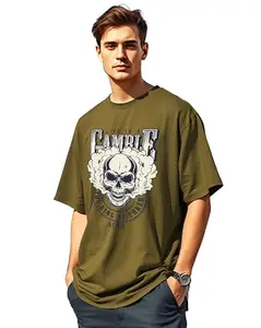 AUSK Men Tshirt with Short Sleeve Drop Shoulder Printed Oversized T-Shirt Olive