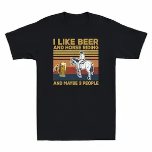 HAMERCOP I Like Beer and Horse Riding and Maybe 3 People Vintage Men's Cotton T-Shirt Black797 L