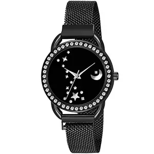 Niyati Nx Round Idaka Chand Dial Magnatic Mesh Strap Analogue Magnet Wrist Watch for Women and Girls(Black Strap Black dial)
