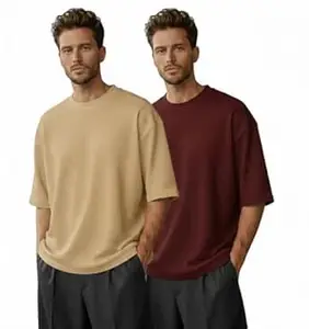 Men's Premium Waffle Knit Oversized T-Shirt | Textured Cotton Blend Drop Shoulder Baggy Fit Tee | Pack of 2 Solid Round Neck Half Sleeve Casual T-Shirts
