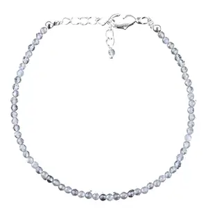 Lady Works Unisex Bracelet Grey Moonstone 3mm Round Shape Faceted Cut Gemstone Beads 7 Inch Adjustable Silver Plated Clasp Bracelet| Lcbr_03463