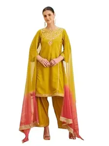 MOKOSH Women's Silk Embroidered Kurta with Palazzo and Soft Net Dupatta Set | Three-Piece Ethnic Suit for Festive