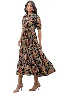 LABEL ADRIJA Pure Cotton Calf Length Midi Dress for Women Floral Print | Flared Anarkali Dress Puff Sleeves