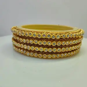 Mr.Puri made Vanilla color Non-Plastic Kangan With Golden Chain and Artificial Diamond Bangles (2.6)