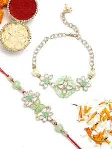 Karatcart Light Green Beads Floral Design Handmade Kundan Bhaiya Bhabhi Rakhi with Roli & Chawal