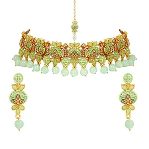 I Jewels Gold Plated Traditional Pearl Necklace Set with Earrings & Maang Tikka For Women (M4122Min)