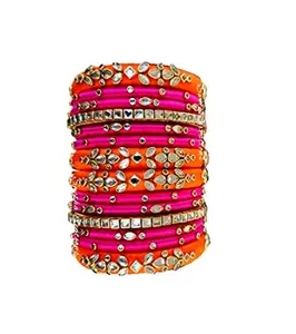 Blue jays hub Silk Thread Bangles New kundan Style pink Color Set of 14 for Women/Girls (pink, 2.8)