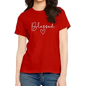 OPLU Women's Regular Fit Blessed with Heart Cotton Printed Round Neck Half Sleeves Trendy, Quotes, Trending Pootlu Tees and Tshirts (Pooplu_Red_XX-Large)