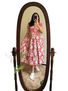 Brown Floral Print Dress, Short Sleeve, Fit and Flare Style, Knee Length, Cotton Blend