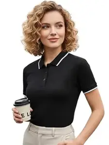 FERY LONDON Women’s Matty Fabric Polo T-Shirt | Stylish Collar Design with Contrast Detail | Short Sleeve Casual & Office Wear Top
