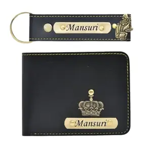 The Unique Gift Studio Men's Leather Wallet and Keychain Combo with Personalised Name and Logo on Wallet - Design 3, Black