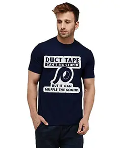 Caseria Men's Round Neck Cotton Half Sleeved T-Shirt with Printed Graphics - Duct Tape Muffle Sound (Navy Blue, MD)