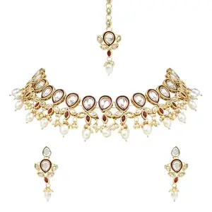 I Jewels Gold Plated Traditional Pearl Kundan Studded Floral Necklace With Earring Maang Tikka Set For Women And Girls (K7249M)