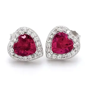 Ornate Jewels Pure Sterling Silver Red Ruby American Diamond Heart Shaped Stud Earring for Women and Girls | With Certificate of Authenticity & 925 Stamp