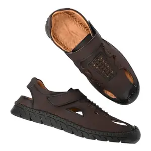 Men's Closed-Toe Leather Sandals, Hook and Loop Strap, Breathable Comfort Walking Shoes, Roman Sandals (BROWN, UK Footwear Size System, Adult, Men, Numeric, Medium, 6)