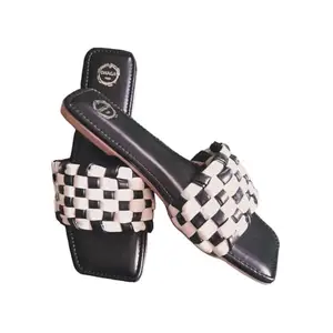 Dhaga Stylish Comfort Sole Flat Sandal Casual Flat Sandals For Women's & Girls|Black/White|Size - 3