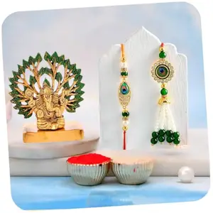 CraftVatika Rakhi Gift Combo - Designer Rakhi & Lumba Set with Ganesha Idol | Raksha Bandhan Rakhi for Brother & Bhabhi | Tillakk Set Included