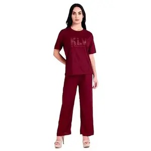 Women's Burgundy Cotton T-Shirt and Palazzo Set, Casual Two-Piece Loungewear, Maroon