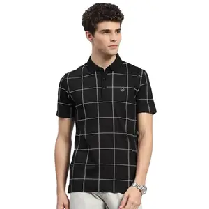 Monte Carlo Mens Black Checkered Polo Neck Half Sleeve T-Shirt (224064563-1-44)
