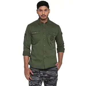 Royal Enfield  Solid Cotton Regular Fit Mens Casual Shirt (Green, Large)