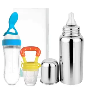 KINDAR CARE Silicone Baby Spoon Feeder Feeding Bottle (90ml, Ideal for 4 Months+ Babies) | Stainless Steel Milk Bottle (250 ML) & Food/Fruit Feeder/Nibbler (Set of 3 Items),KINCARE07