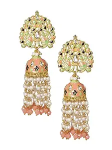 OOMPH Jewellery Peach & Green Meenakari Peacock Design Jhumka Earrings For Women & Girls (EHC23_Z)- For Women & Girls Stylish Latest