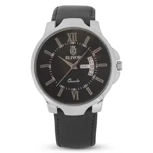 Men's Quartz Analogue Watch, Black Dial with Roman Numerals, Day & Date Display, Black Leather Strap