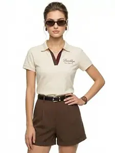 JUNEBERRY® Women’s Regular Fit Lycra Polo T-Shirt with V-Neck and Contrast Trim on Collar and Half Sleeves, Soft Fabric for Comfortable All-Day Wear (Sizes S to 2XL)