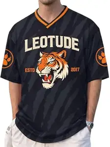 LEOTUDE Men’s Tiger Graphic Printed Oversized T-Shirt | Bold Black Sports Jersey Style Tee | Half Sleeve Casual Streetwear for Men's (Color:Black)