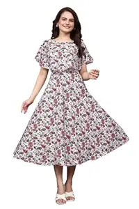 hemang fashion Women Crepe Printed Flared Dress, Round Neck with Flared Sleeve (Medium, Red)