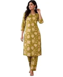 Summer Ladies Printed Ethnic Cotton Top Square Neck Floral Print Women's Kurta Set consisting of Printed Kurti Pants Two-piece Summer Straight-Leg Pants Every Day Round-Necked, 3/4-sleeve Office