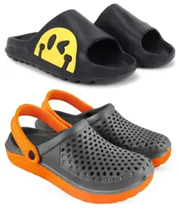 Pampy Angel Combo Pack of 2 Slipper/Flip Flops/Slides/Clogs/Sandals with Adjustable Back Strap for Men,(Y-To-Eyes-Black,Cl-400-Grey),6 (UK/India)