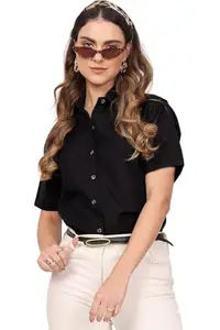 LEOTUDE Womens Oversized Round Neck Cottonblend Half Sleeve Shirts (GRL_SHRT_005_BLK_P_Black_S)