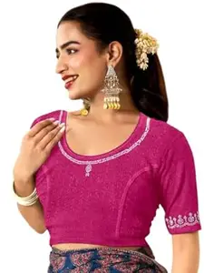 MISS WEARS Women's Regular Fit Readymade Stretchy Elbow Length Embroidered Saree Blouse