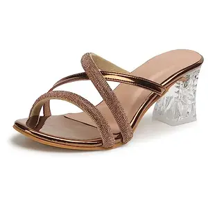 XE Looks Women's Copper Fancy Heel Slippers | Transparent Block Heels with Dual Glitter Straps | Slip-On Design | Cushioned Footbed for Comfort Heel Slippers For Girls & Women