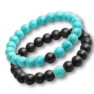 University Trendz Natural Stone Beads His Her Couple & Combo Yoga & Meditation Charm Bracelet for Men and Women (Blue-Black)
