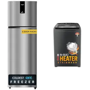 Whirlpool 235 L 2 Star Frost Free Double Door Refrigerator (NEO DF278 PRM RADIANT STEEL(2S)-TL, 202, 6.5 Kg 5 Star StainWash Royal Plus Fully Automatic Top Load Washing Machine (SW ROYAL PLU