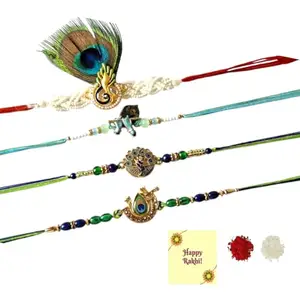 DMS RETAIL Set of 4 Peacock Feather Rakhi For Brother With Roli Tilak And Greetings Cards Traditional moli Band