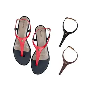 Cameleo -changes with You! Women's Plural T-Strap Slingback Flat Sandals | 3-in-1 Interchangeable Leather Strap Set | Red-Black-Brown