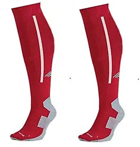 Just Care Cotton Men's Solid Knee Length Socks for Hockey/Soccer (Red with White)
