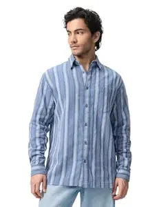 The Souled Store Striped Shirt: Lagoon Men and Boys Long Sleeve Spread Collar Blue Textured Cotton Lightweight Easy to Style Everyday Office Wear Casual Relaxed Shirt