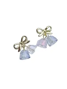 Yu Fashions Christmas Bell Crystal Golden Ribbon Korean Earrings Pair
