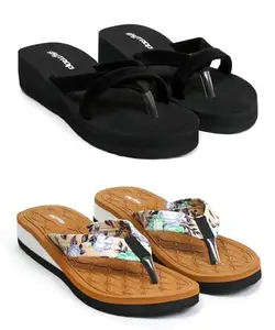 Skytrap Women Black, Brown Nubuck, Synthetic Slippers Flipflop Combo of 2 (numeric 6)