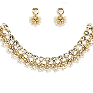fabula Jewellery Gold Tone Jadau Kundan & Pearls Ethnic Choker Necklace Set with Drop Earrings For Women & Girls Stylish Latest (NEST2_AMR2)