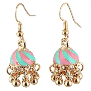 LUCKY JEWELLERY Designer 18k Gold Plated Pink Mint Color Meenakari Jhumki Earring For Girls & Women (125-CHJM1-1148-PKMNT)