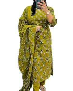 Veqreqmeq Women's Cotton Trending Straight Printed Kurta with Pants and Dupatta Set | Ethnic Set (Black)