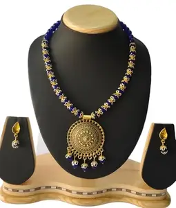 Blue Lariya Necklace Jewellery Set With 0xidized Pendent For Women and Girls